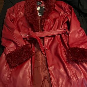 Stoosh Red Faux Leather Jacket with Plush Trim